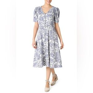 Nordstrom Julia Jordan blue ivory floral midi dress puff sleeve button front
